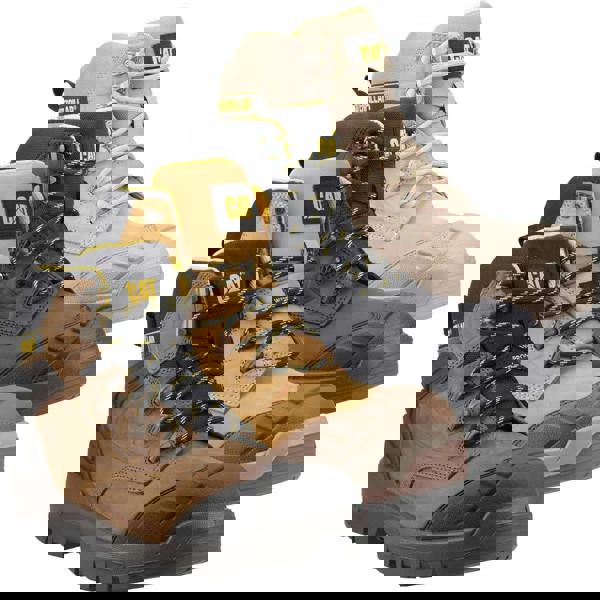 Caterpillar Striver XL 6" Mens Waterproof S7 Lace Up Safety Ankle Boots, three pairs of rugged safety boots in tan, black, and dark brown colors with waterproof features and lace-up design.