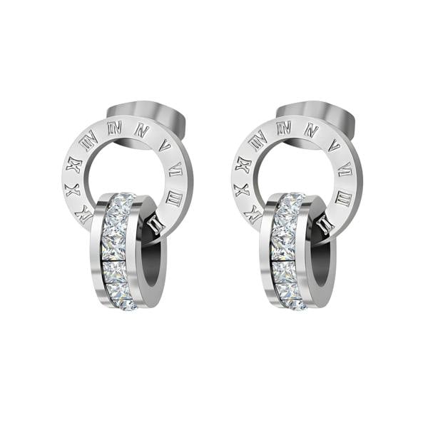 Serafina Harper Earrings - Stainless Steel Roman Numeral CZ Double Circle Stud Earrings