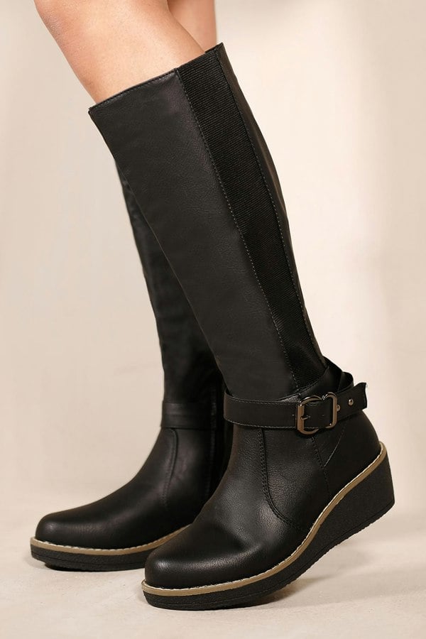 Where's That From Ayleen Wedge Heel Knee High Boots With Elastic Panel in Black Faux Leather