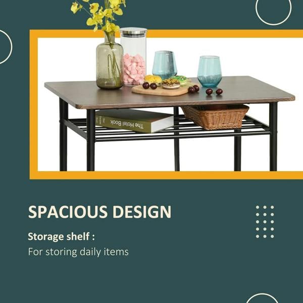 Bar table with storage shelf and two stools; black frame with dark wood table and seats.