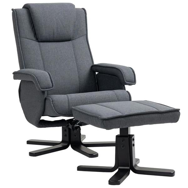 Charcoal grey linen swivel recliner chair with padded footstool and armrests