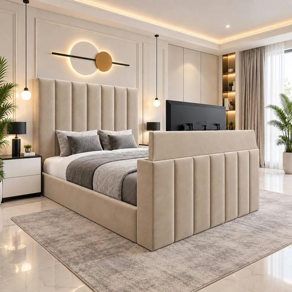 Paradise Beds Velmora Luxury Upholstered TV Bed with Tall Panel Headboard