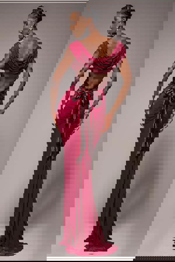 Open Back Cowl Neck Gathered Maxi Dress With Velvet Tie Back - Wine DR4856