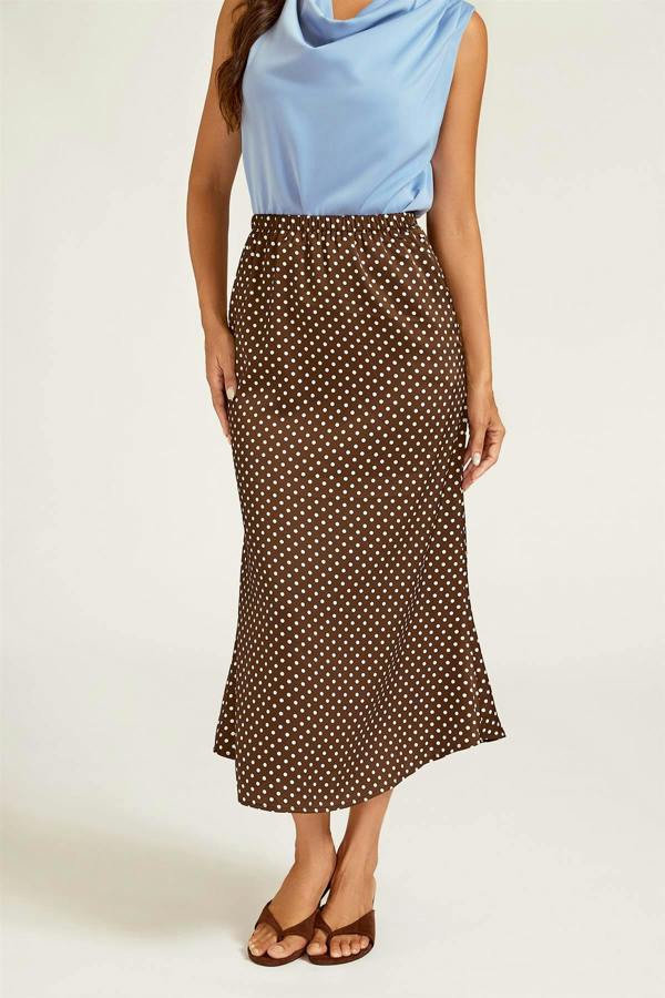 FS Collection Polka Dot Print Satin Midi Skirt In Brown