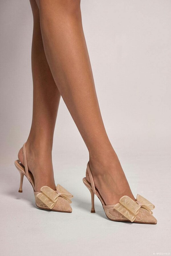 Goddiva Pointed Toe Lace Bow  Stiletto Slingback Heels - Champagne by Goddiva