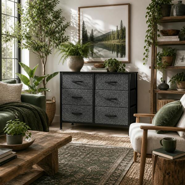 Wyld Haus Veroso Black Metal And Grey Fabric Black 6 Drawer Industrial Storage Dresser
