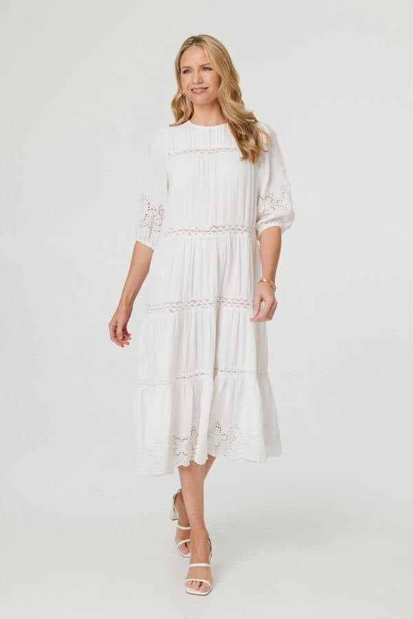 White | Broderie Anglaise Trim Tiered Midi Dress
