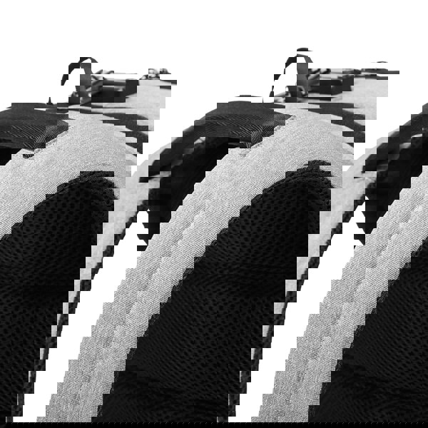 Close-up of a gray backpack with black straps on a white background