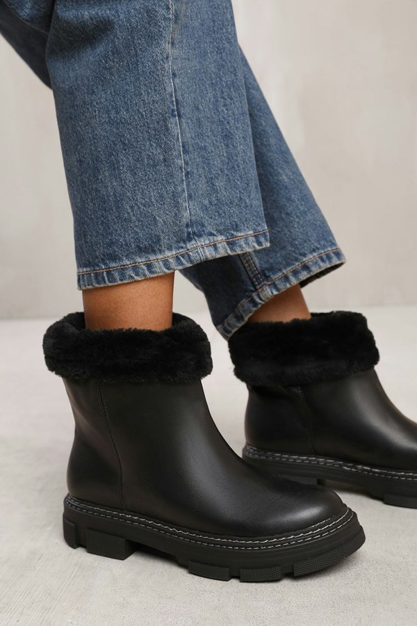 Where's That From Peyton Ankle Boot With Fur Lining in Black Faux Leather