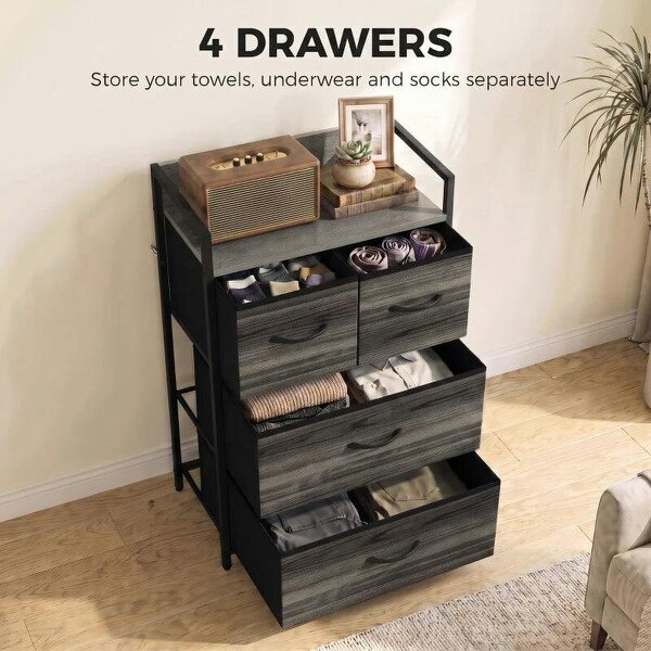 Rustic Chest of Four Fabric Drawers - Grey Wood Effect