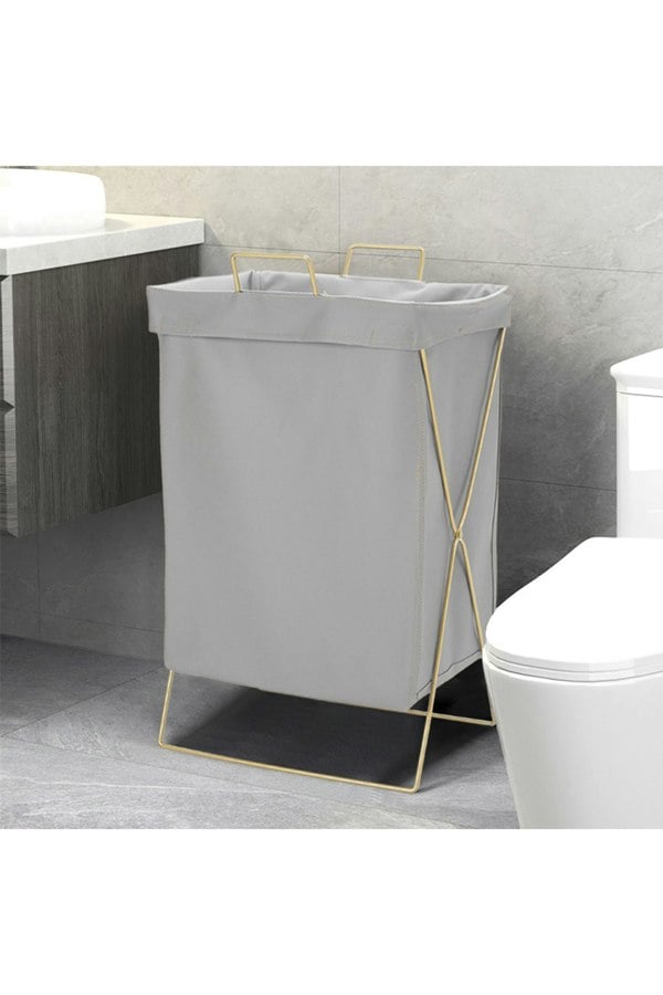 Living and Home Collapsible PU Leather Laundry Hamper with Metal Frame Grey Bathroom