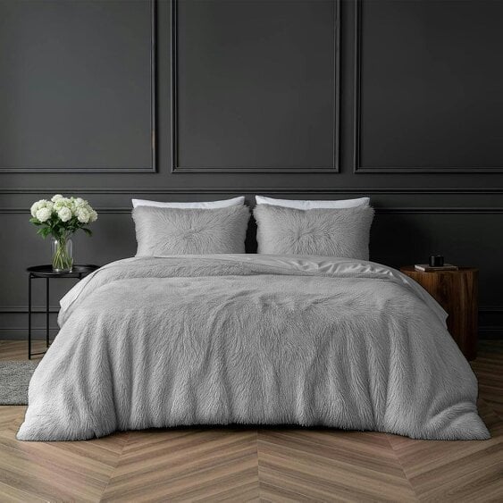 Smart Living Teddy Long Pile Faux Fur Duvet Cover with Pillowcases - Silver - Single (135cm x 200cm)
