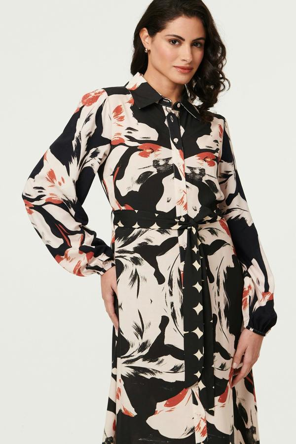 Black | Abstract Long Sleeve Midi Shirt Dress