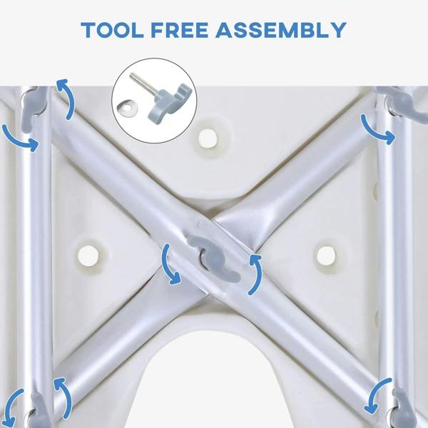 White bath stool chair undercarriage detail with cross-brace support and metal fasteners