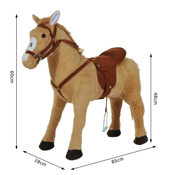 Beige plush ride-on standing horse toy with brown saddle, bridle, and reins