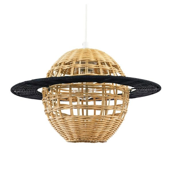 Saturn Planet Childrens Pendant Light Shade in Brown and Black Rattan Image 1