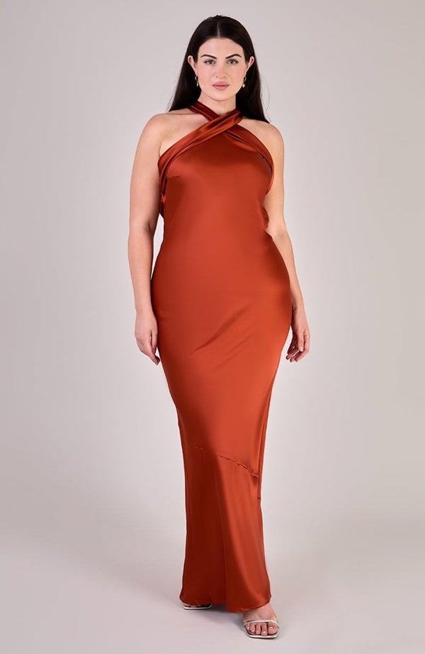 Rewritten London Roma Dress in Burnt Orange Satin
