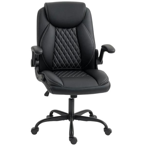 Black faux leather office chair with flip-up armrests, quilted back, rolling casters.