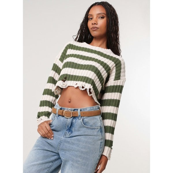 Pink Vanilla Distressed Striped Crop Knit Jumper