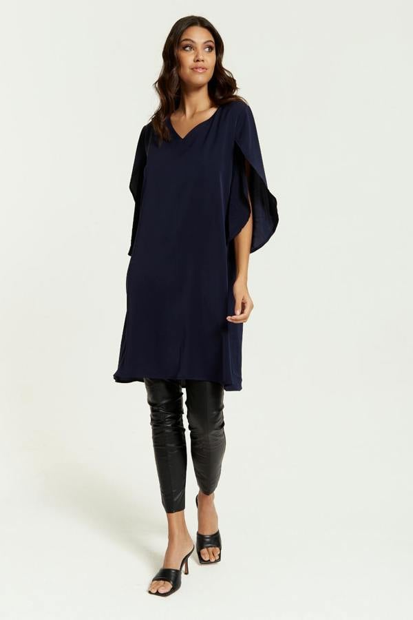 Hoxton Gal Oversized V Neck Tunic with Split Sleeves in Navy
