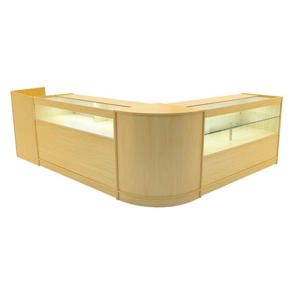 Gravity LED Shop Counter Set in maple finish, featuring curved edges, glass display sections, and a modern design for retail spaces