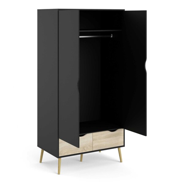 Wyld Haus Sapporo Black and Natural Oak Wardrobe 2 Doors 2 Drawers