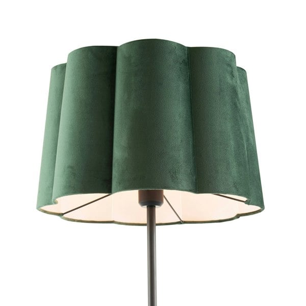Modern Matte Black Floor Lamp with Forest Green Velvet Scallop Shade Image 4