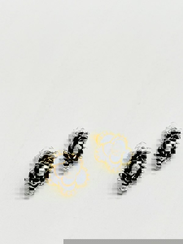 SVNX Black Floral Pearl Stud Earrings in Gold Colour