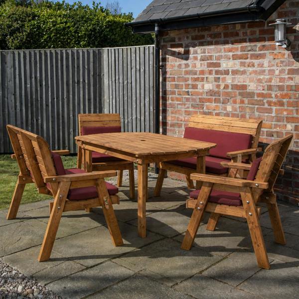 Samuel Alexander Handmade 6 Seater Chunky Rustic Wooden Garden Furniture Set. Table, Chairs & Burgundy Cushions