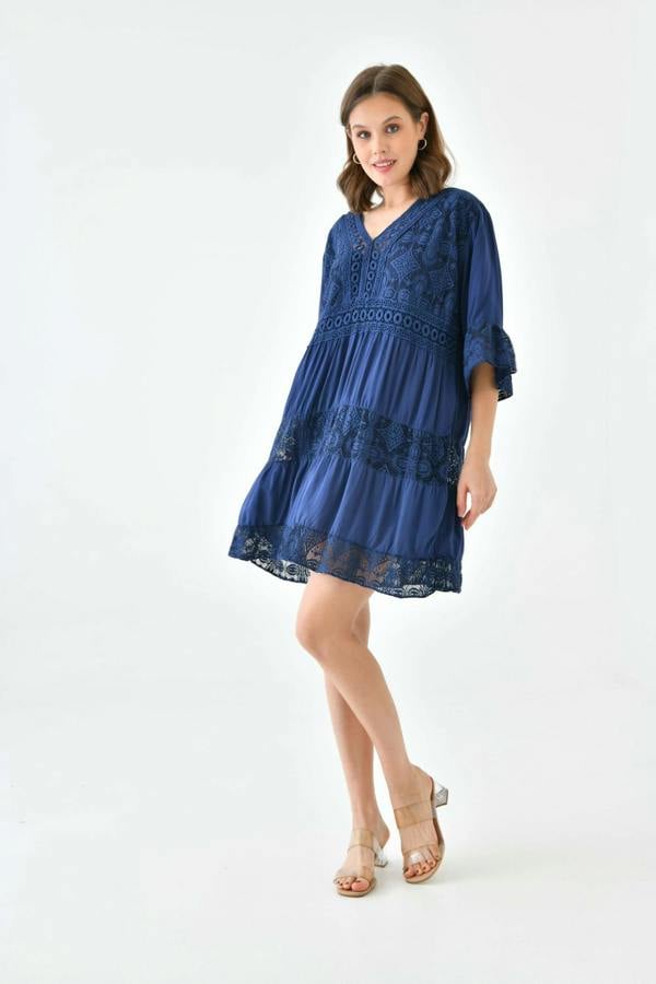 Hoxton Gal Oversized 3/4 Sleeves Lace Detailed V Neck Mini Dress in Navy