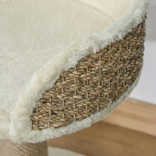Close-up of beige plush edge on woven sisal scratching pad