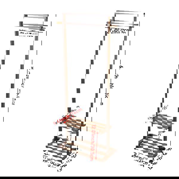 Living and Home Bamboo Rolling Clothes Garment Rack with 2-tier Shelves & Wheels - Brown
