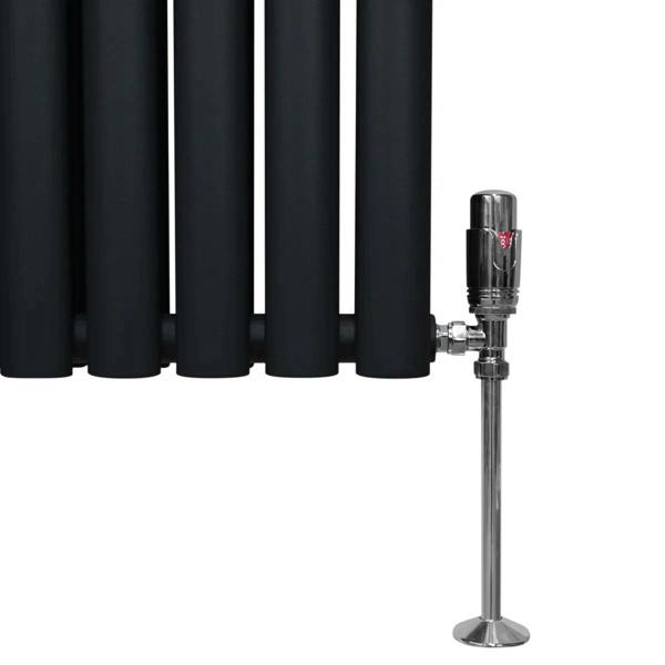 Black oval column radiator with smooth matte finish, featuring sleek rounded edges and chrome valves for modern heating solutions
