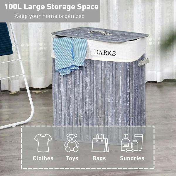 Grey fabric laundry hamper with hinged lid and DARKS label, fabric liner inside