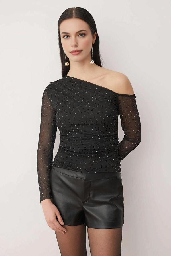 WOVCOR Sparkling Stone Print Asymmetrical Collar Knit Party Blouse