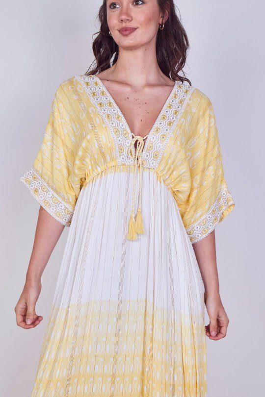 Boho Embroidered Maxi Dress with Tassel Tie – One Size (UK 8–14) - Yellow