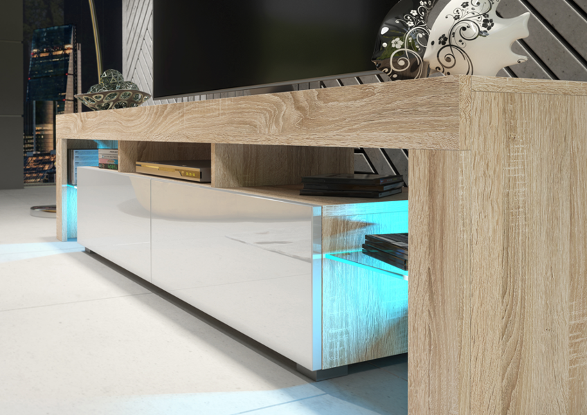 Mex Furniture Sleek 200cm Modern TV Unit  Cabinet Stand Oak High Gloss White Doors & Free LED Lights