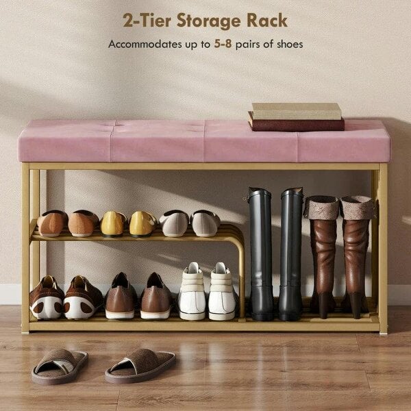 Bench and Shoe Storage, Tufted Shoe Storage Bench with Velvet Seat Cushion Gold Steel Frame for Entryway, Pink