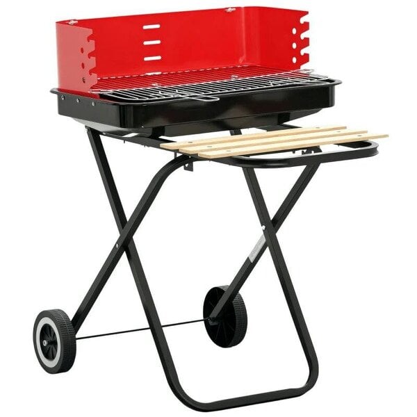 Bobobiy Charcoal Trolley BBQ Barbecue Grill Patio Camping Picnic Garden Party Outdoor Cooking with Windshield and Wheels Side Trays, Black/Red