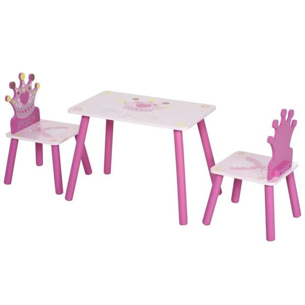 Kids 3-piece table and chair set with princess crown graphics, pink legs and frame
