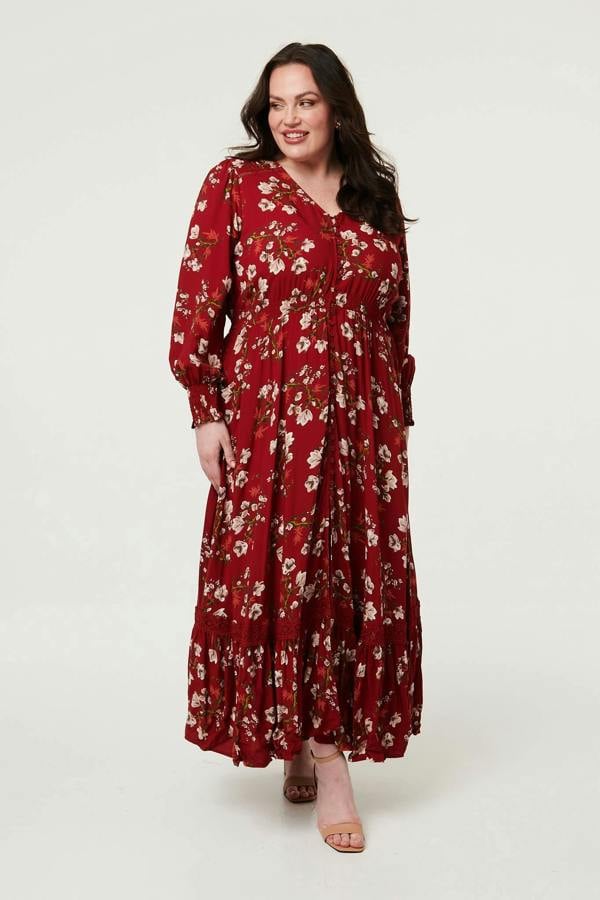 Izabel London Curve Floral Shirred V-Neck Maxi Dress