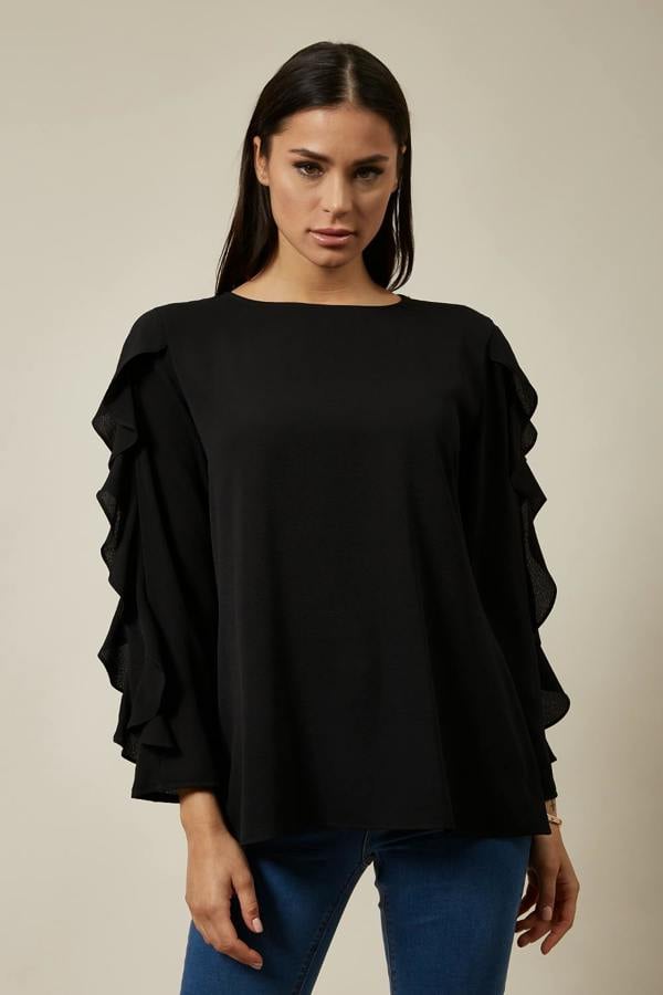 Hoxton Gal Oversized Ruffle Sleeve Relaxed Fit Top In Black