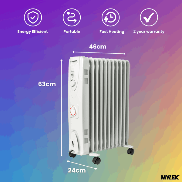 Mylek Oil Filled Electric Portable Heater Radiator with Adjustable Thermostat 2500w With Timer