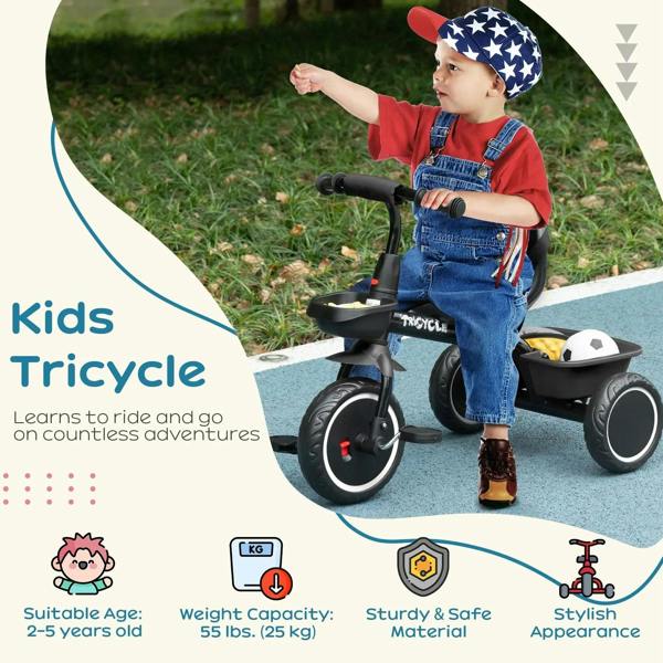 Black kids tricycle with padded seat and front basket, shown at a side angle