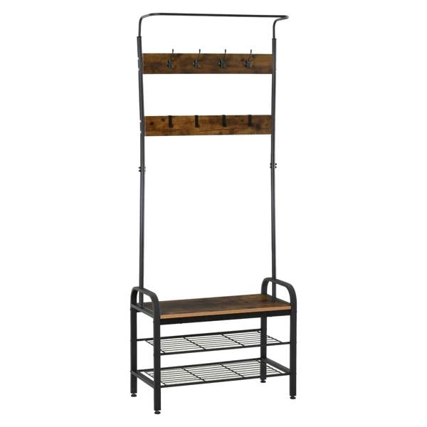 Industrial entryway coat rack and shoe bench with rustic wood shelves and metal frame