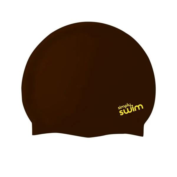 Brown Simply Swim junior silicone swim cap in solid colours with yellow white logo