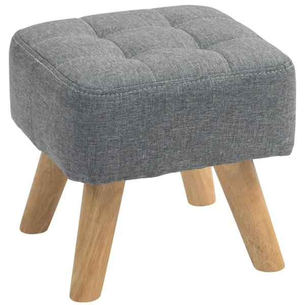 Grey square padded footstool, tufted linen-look top, light wood legs