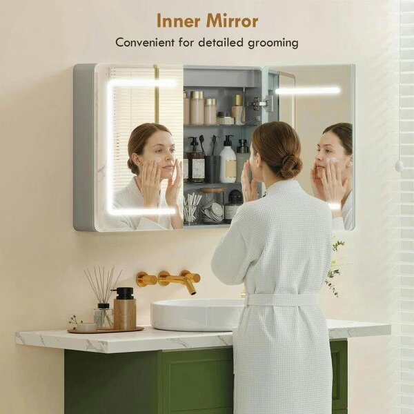 Mirrored Bathroom Cabinet with LED Lights, 60 x 80 cm Bathroom Mirror Cabinet with Anti-Fog, 3 Colour Dimmable Lighting