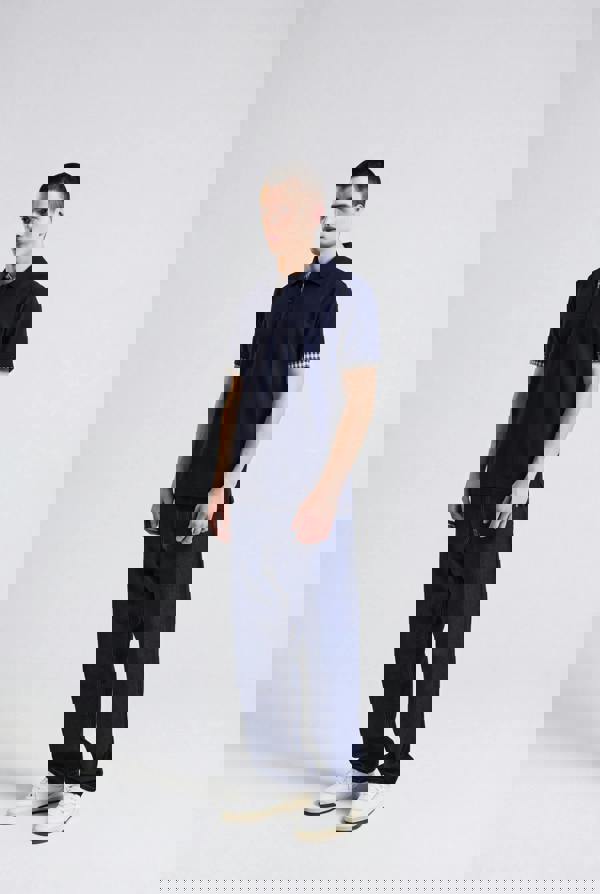 Aquascutum Mens Club Check Stretch Piquet Sleeves Polo Shirt - Navy 11