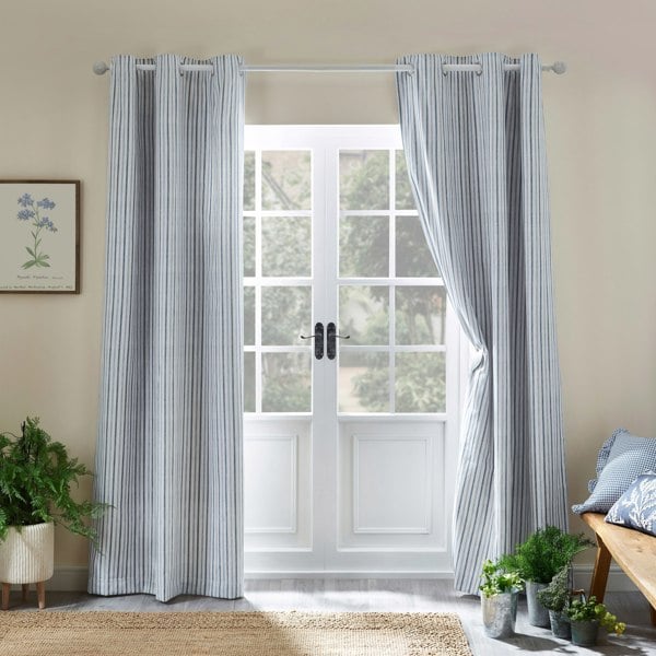 Catherine Lansfield Logan Stripe Lined Eyelet Curtains Blue